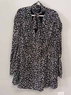 NWT Scoop XL Black Floral Tie Neck Long Sleeve Mini Dress Prairie Cottagecore